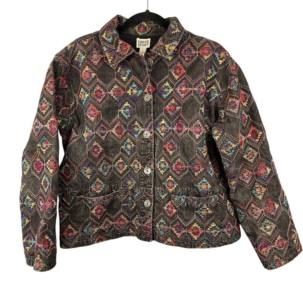 Chico's Design Black Denim Heavily Embroidered Jacket Size 2 ( L 12) Art to Wear